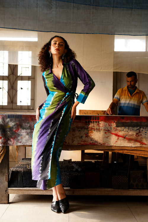 Chromatic Drift Wrap Silk Dress