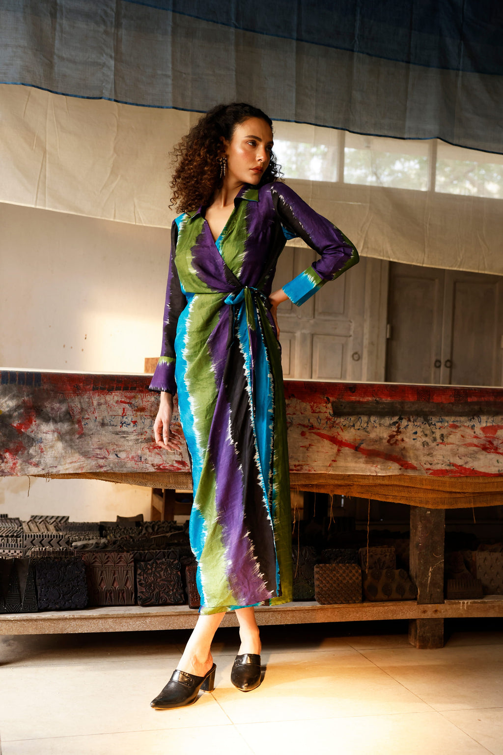 Chromatic Drift Wrap Silk Dress