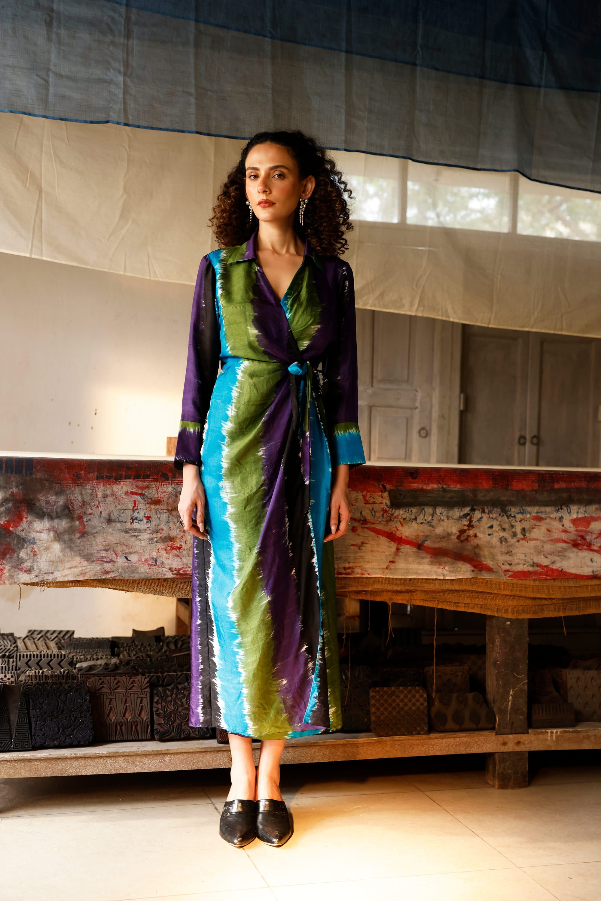 Chromatic Drift Wrap Silk Dress