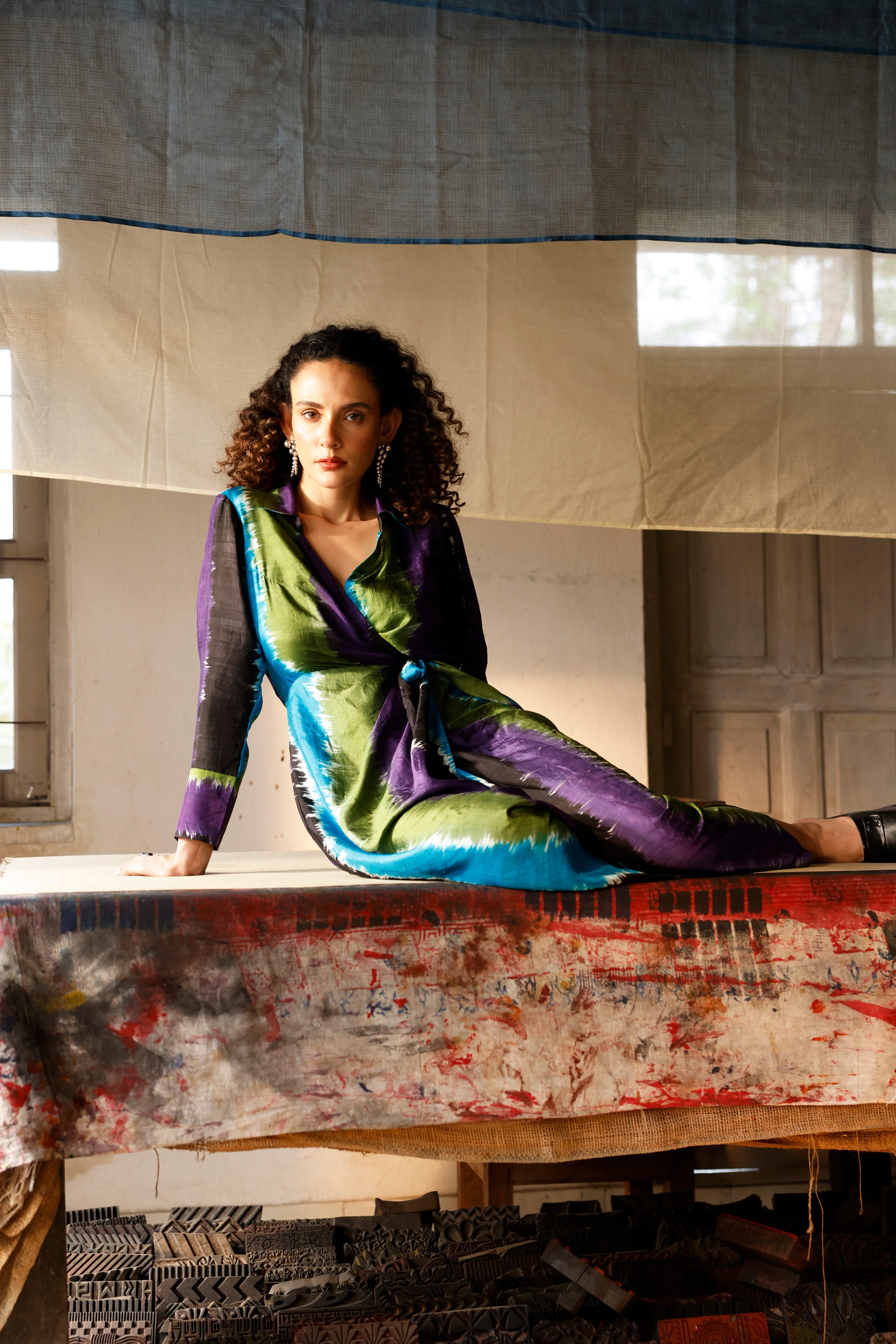 Chromatic Drift Wrap Silk Dress