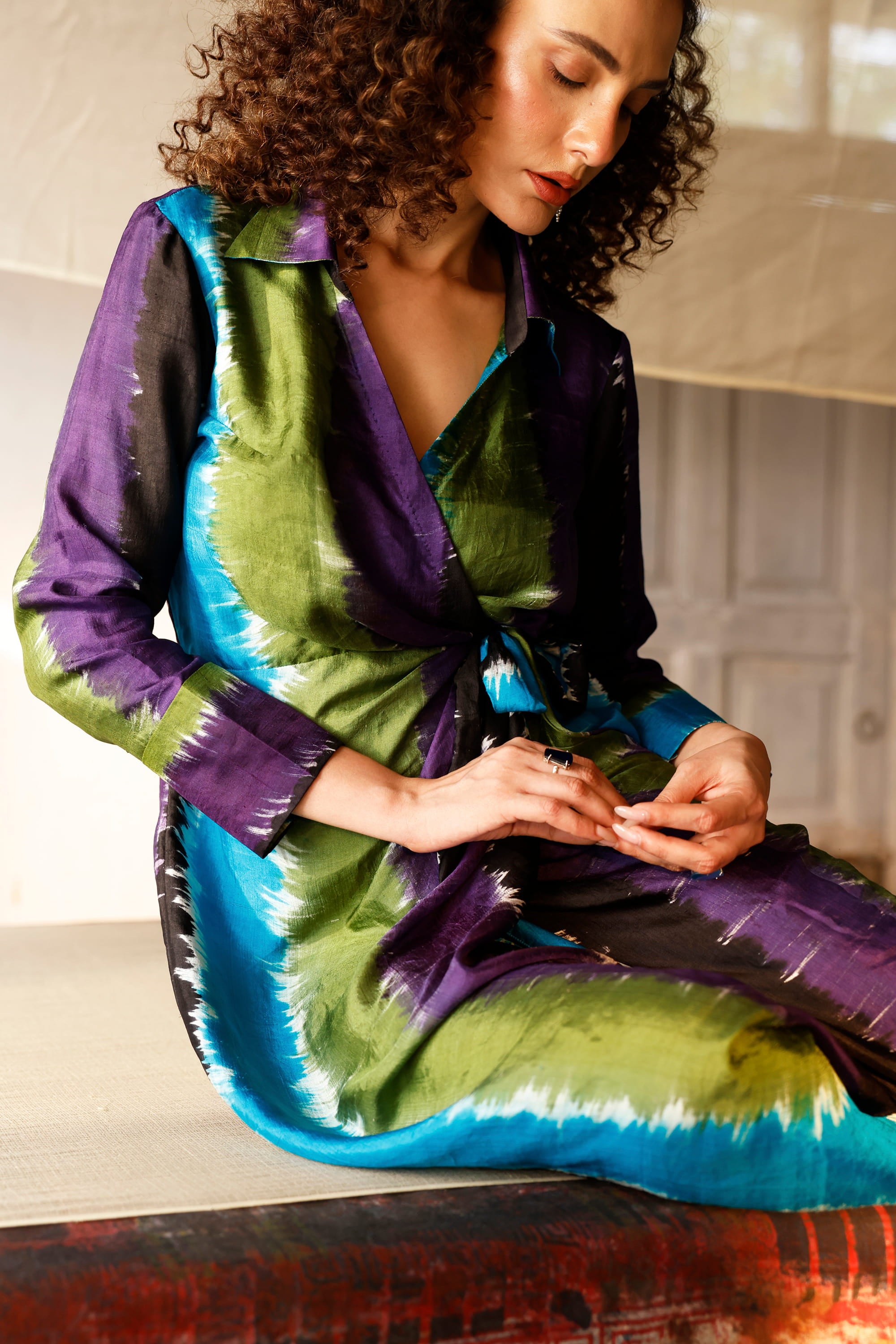 Chromatic Drift Wrap Silk Dress