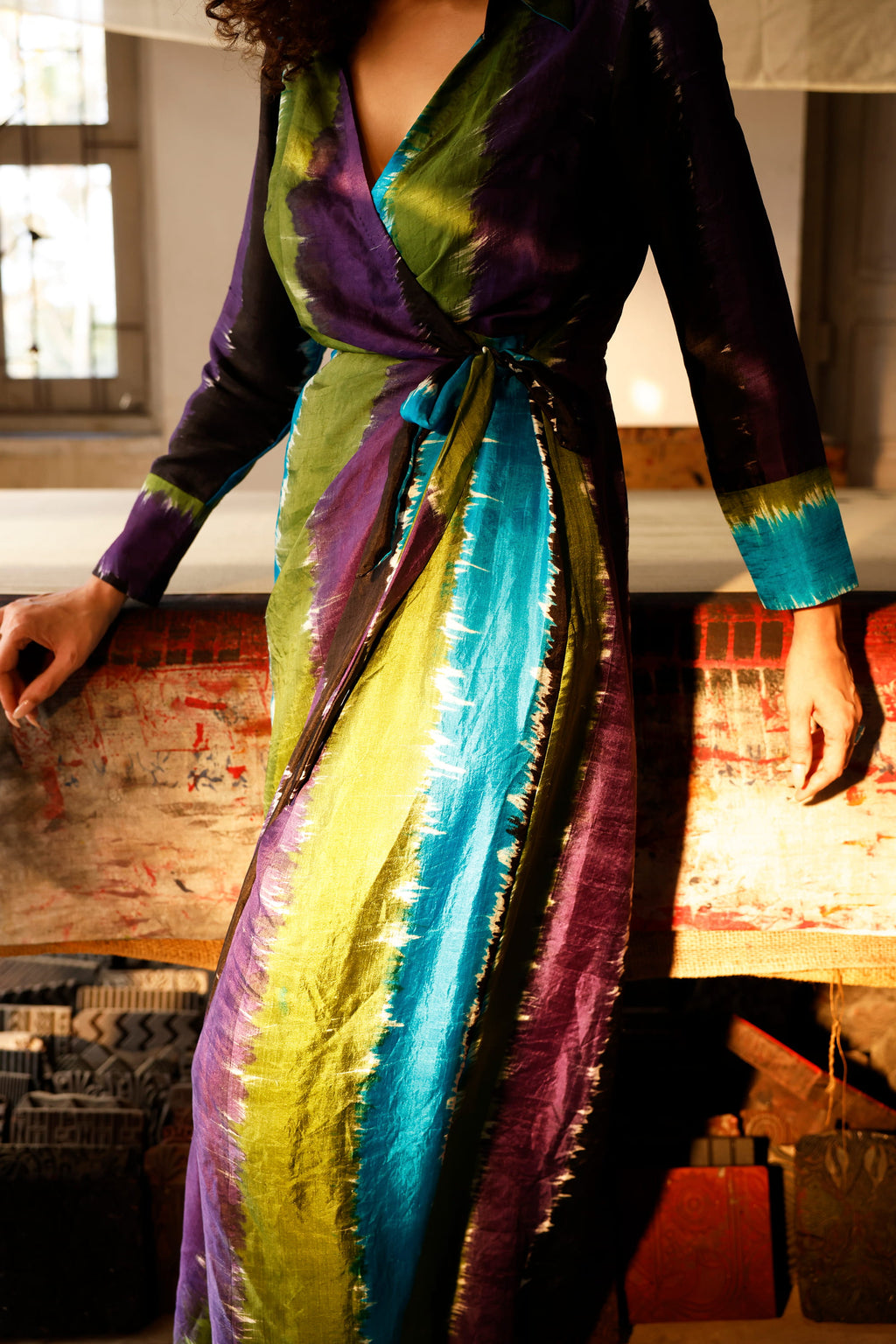 Chromatic Drift Wrap Silk Dress