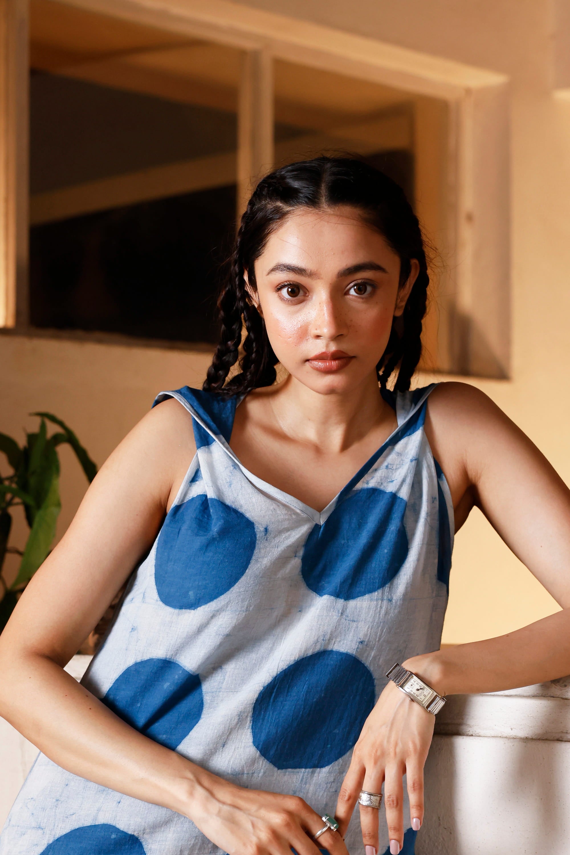 Indigo Orbit Twisted Sleeve Dress