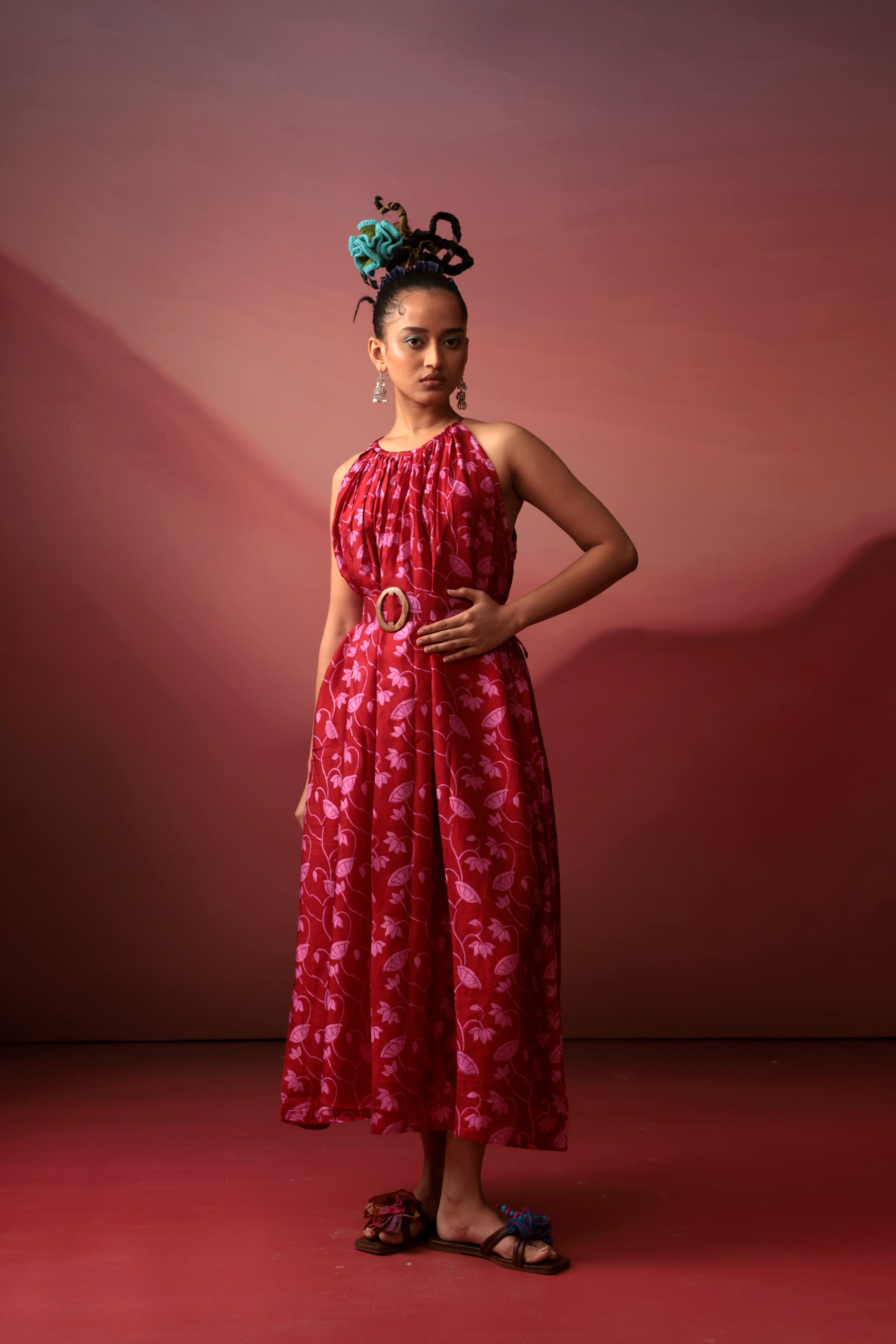 Crimson Floral Midi Dress