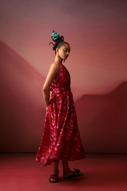 Crimson Floral Midi Dress